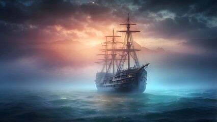 A ghost ship glowing with eerie light on a misty sea, fantasy and mythology desktop wallpaper backdrop, cinematic HDR vibrant theme colors, promo movie sales poster banner book cover background