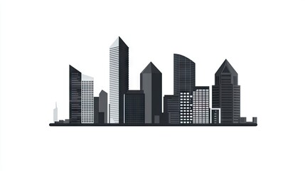 Monochrome cityscape illustration of modern high-rise buildings.