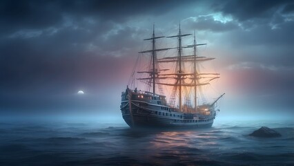 A ghost ship glowing with eerie light on a misty sea, fantasy and mythology desktop wallpaper backdrop, cinematic HDR vibrant theme colors, promo movie sales poster banner book cover background