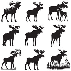 Fototapeta premium bundle of black Moose Silhouette clipart, funny Moose Swine Animal illustration, mountain Animal longhorn Moose lover design sublimation 