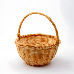 Wicker Basket with Handle on White Background
