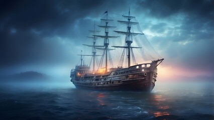 A ghost ship glowing with eerie light on a misty sea, fantasy and mythology desktop wallpaper backdrop, cinematic HDR vibrant theme colors, promo movie sales poster banner book cover background