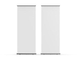 Blank standee roll up banner mockup template on isolated white background, 3d illustration