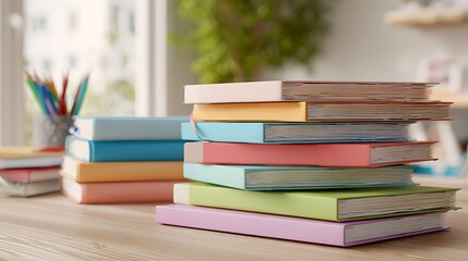 Stack of colorful books on a wooden table with a window and pencils in the background is visible