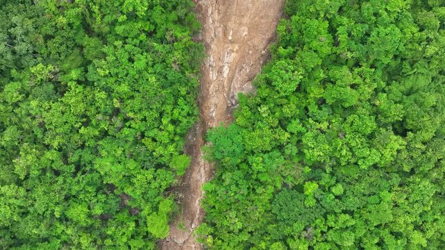 Drone aerial view of a landslide exposing bare earth amid dense forest, illustrating how global warming intensifies extreme weather, destabilizing slopes and accelerating deforestation. Thailand.

