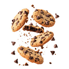 Flying Cake Crumbs with Chocolate Chip Cookies isolated on transparent white background, clipping path