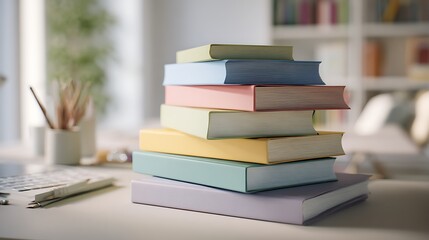 A stack of pastel colored books on a desk with art supplies and a bookshelf in the background scene