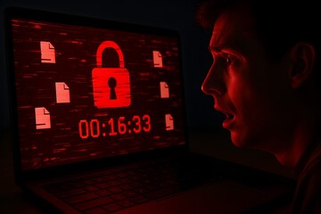 A shocked man looks at a laptop screen displaying a ransomware lock icon, countdown timer, and encrypted file symbols, symbolizing cyberattack and data breach.