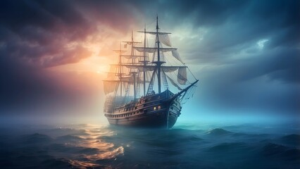 A ghost ship glowing with eerie light on a misty sea, fantasy and mythology desktop wallpaper backdrop, cinematic HDR vibrant theme colors, promo movie sales poster banner book cover background