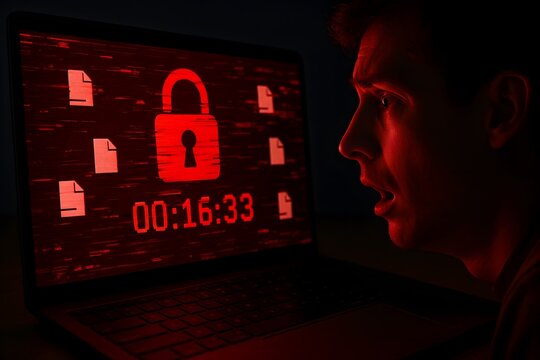 A shocked man looks at a laptop screen displaying a ransomware lock icon, countdown timer, and encrypted file symbols, symbolizing cyberattack and data breach.