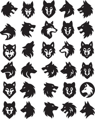 A set of Aggressive wolf head illustrations in black and white, vector style, perfect for logos or tattoos.