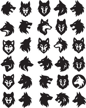 A set of Aggressive wolf head illustrations in black and white, vector style, perfect for logos or tattoos.