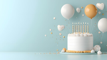 Celebratory Birthday Cake with Balloons and Candles on Sky blue Background  Flat Lay with copy space
