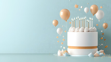Celebratory Birthday Cake with Balloons and Candles on Sky blue Background  Flat Lay with copy space