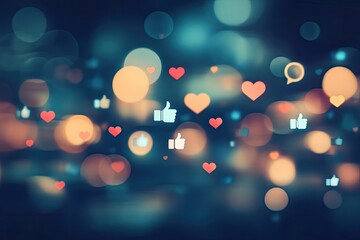 Abstract social media engagement graphic.  Blurred lights, bokeh effect, with numerous small icons of hearts and thumbs-up floating in soft colors over a dark background