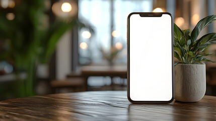 Smartphone placed on a table with a bright blank screen and blurred background