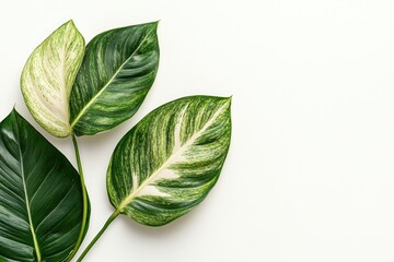 Minimalist background with three green leaves on the right side, white background, close-up, top view, flat lay. --ar 3:2 --v 6.1 Job ID: ba2279c9-6e66-4f9b-a184-4e46a977f98e