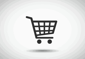 A black shopping cart icon is centered on a white background with a shaded shadow