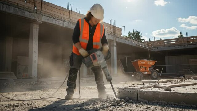 Construction Worker Using Jackhammer on Site