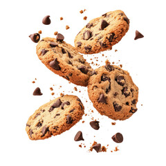 Flying Cake Crumbs with Chocolate Chip Cookies isolated on transparent white background, clipping path