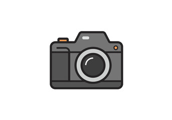 A cartoon camera with a gray body black lens rounded edges and orange accents on the shutter button and sensor