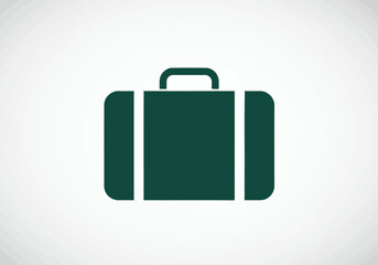A dark green brushstroke suitcase icon against a white gradient background