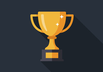 A golden trophy is centered against a dark blue background with a long exaggerated shadow