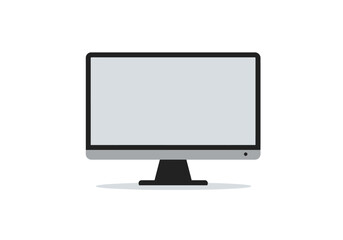 A gray computer monitor with a black screen border and a black stand