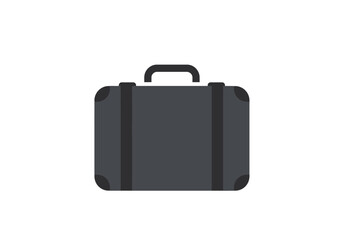 A gray suitcase stands upright featuring a handle and dark bands