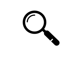 A magnifying glass icon in black with a visible handle and lens frame on a white background