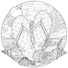 Flip flops and seashells on the beach in a round frame.Coloring book antistress for children and adults. 