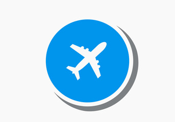 A white airplane icon inside a blue circle with a gray curved shadow on a white background