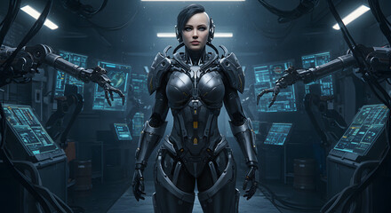 Naklejka premium A futuristic woman in a metallic suit stands amidst advanced machinery in a sterile laboratory setting.