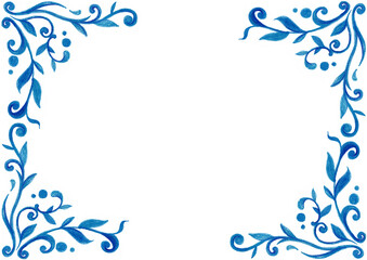 Frame. From the left and right sides there are patterns consisting of curls, leaves, circles. Different shades of light blue. Drawing with colored pencils. White copy space. Invitation, postcard.