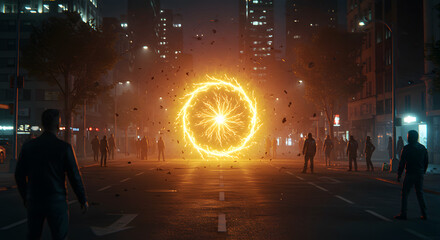 A glowing, fiery portal opens in a city street at night, with people observing.