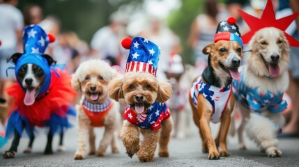 Five dogs in patriotic costumes, including red, white, and blue hats and shirts, running in a parade.