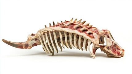 Close-up of a butchered animal carcass, showcasing its bones and remaining flesh against a white background.