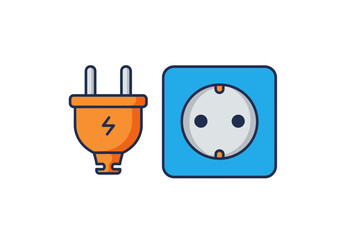 An orange plug with a lightning bolt is near a blue wall outlet