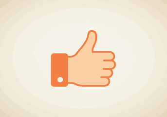 An orange stylized thumbsup hand gesture over a light cream background
