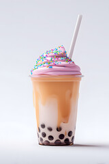 Boba Tea with Colorful Toppings Isolated On White