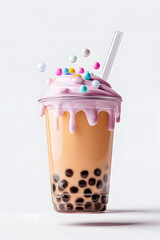 Boba Tea with Colorful Toppings Isolated On White