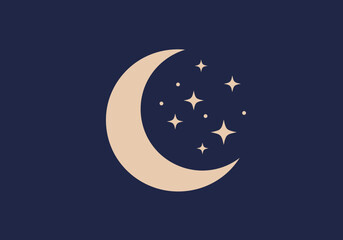 Cream crescent moon amid stars on blue backdrop