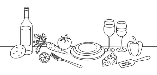 Simple Line Drawing of a Romantic Dinner Setting with Wine and Vegetables
