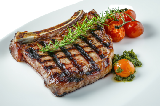 Realistic Fiorentina steak served on a white plate with grilled tomatoes and garnish