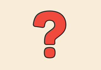 Red question mark with black outline on a light beige background