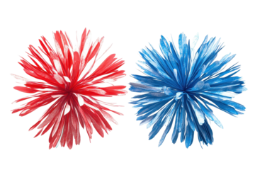 Bright red and blue fireworks bursting in celebration of July's Independence Day festivities during the evening