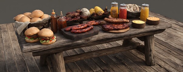 A rustic wooden table laden with a barbecue feast featuring burgers sausages and various condiments