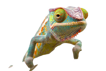 Naklejka premium Vibrant chameleon perched on a branch with detailed textures and colors showcasing its unique features and environment in natural light