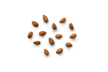 roasted organic almonds with the peel isolated on a transparent background with shadow, top view,...