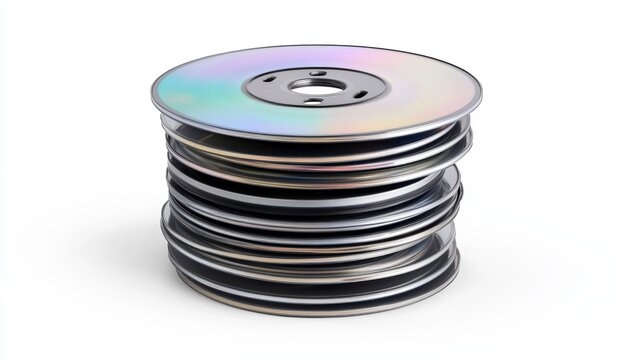 Stack of CDs and DVDs on white background.